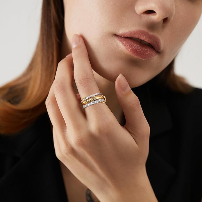 Gold Stackable Rings for Women Non Tarnish, 18K Gold Plated CZ Cubic Zirconia Rings, Golden Rings Set, Multi-Link Connected Rings