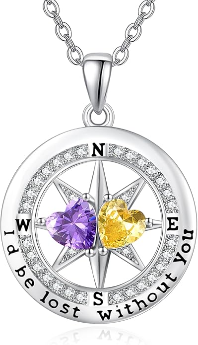 JIYVY32 Compass Birthstones Necklace for Women, Exquisite S925 Necklace Anniversary Birthday Gifts for Wife Her Double Birthstone Pendant jewelry ‘I'd be Lost Without You’