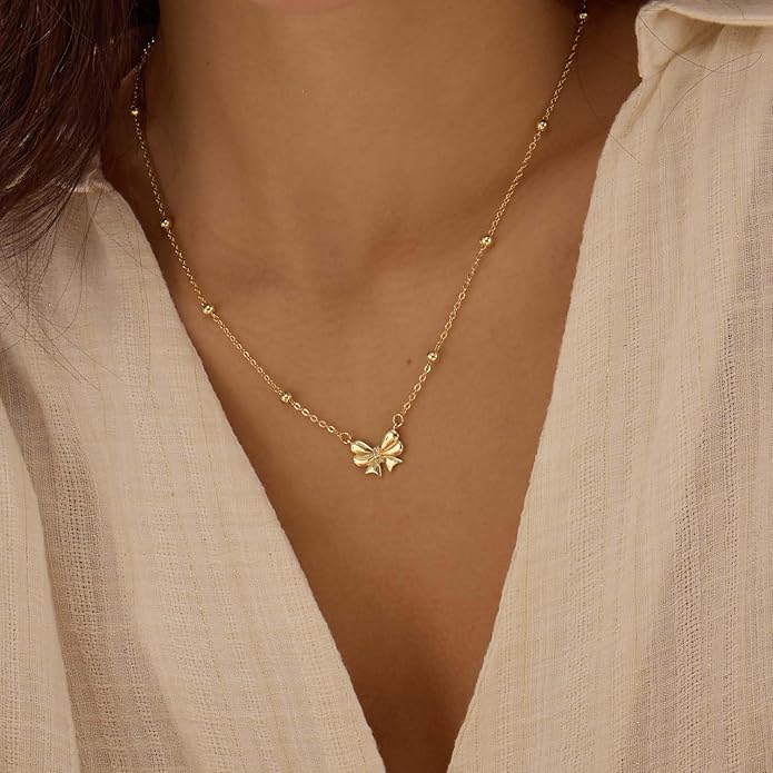 Gold Necklace for Women Dainty Bow Necklace 14K Gold Plated Cute Choker Necklace Small Bow Pendant Charm Necklaces Teen Gift Trendy Stuff Personalized Jewelry Gifts