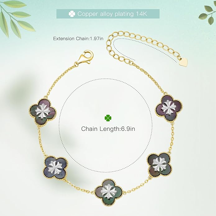 Fydesta 18K Gold Plated Clover Bracelet, Mother of Pearl Four Leaf Flower Bracelet for Women, 6.9" + 2" Adjustable Bracelet, Cross Motif, Gold or Silver Tone