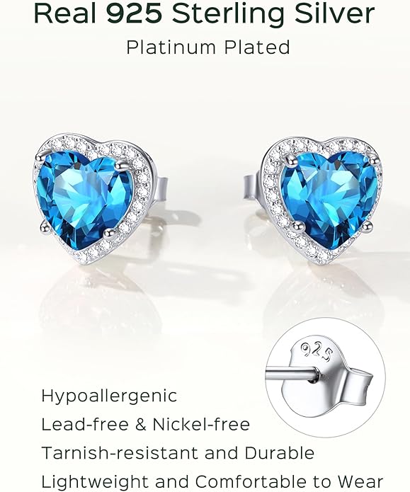 ChicSilver 925 Sterling Silver Birthstone Earrings for Women, 8MM/2 Carat Heart & Round Cubic Zirconia Stud Earrings, Hypoallergenic Jewelry, Ideal Birthday or Christmas Gifts