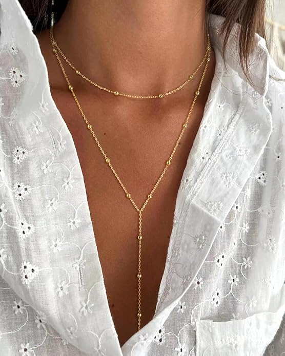 Lariat Necklace for Women, Dainty Long Necklaces, 14k Gold/Silver Plated Y-Shaped Drop Chain Necklace, Simple Layered Necklaces, Trendy Jewelry Gifts for Her