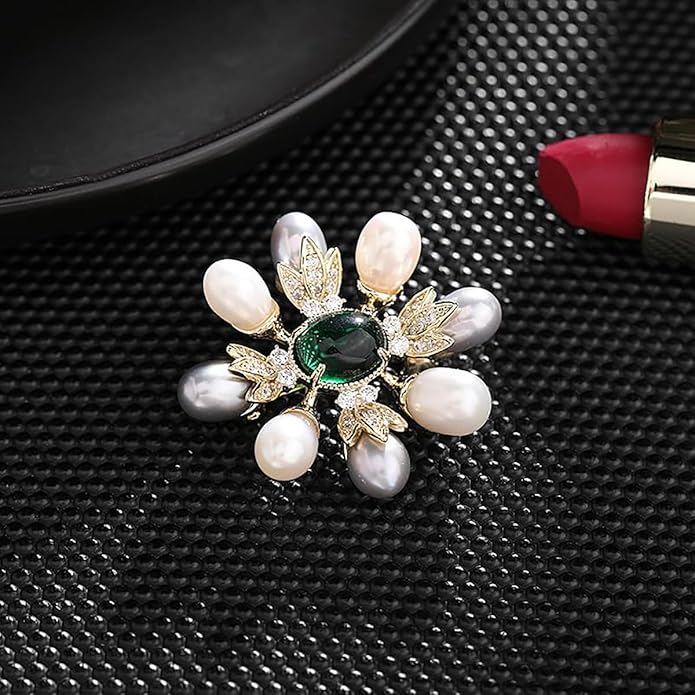 14K Gold Handcrafted Emerald Brooch with Moissanite and Freshwater Pearls - Vintage Style Floral Corsage, Fashion Coat Accessory Gift