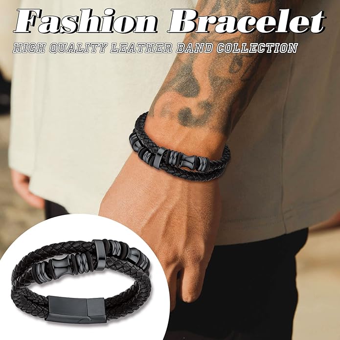 Bestyle Genuine Men Leather Bracelets Fashion Stainless Steel Celtic/Sport Ball Bead Cuff Wirstband Bracelets for Men, Size 7.5/8.3/9.1Inch