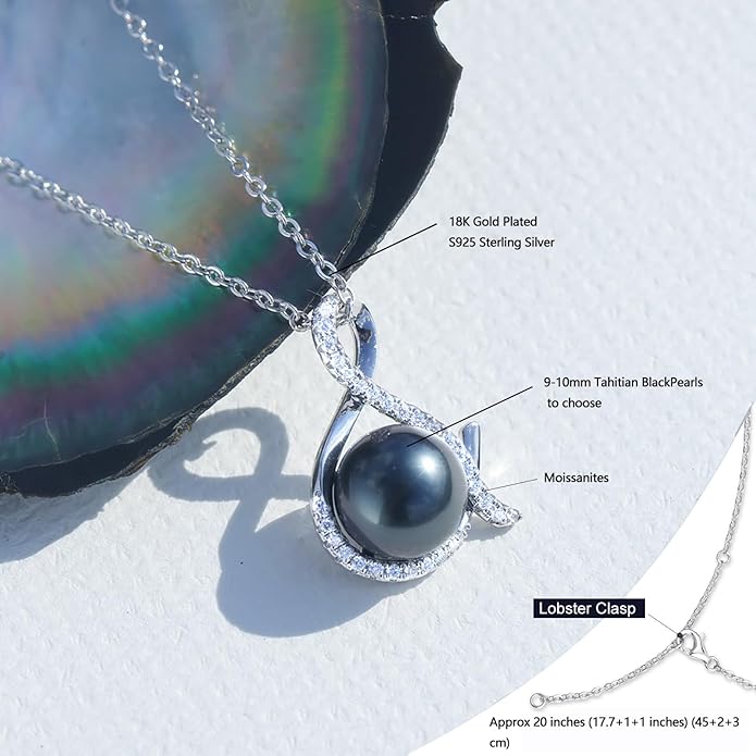 Genuine Tahitian Black Pearl Necklace for Women, 9-11mm AAAA Seawater Pearl with Sterling Silver Moissanite Pendant, Jewelry Gift for Wife, Mom, Girlfriend, Wedding Anniversary, Birthday, Christmas
