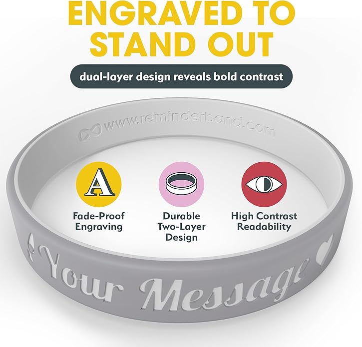 Reminderband Custom 100% Silicone Luxe Wristbands – Personalized Motivational Bracelets, Bulk Rubber Bands for Events, Fundraisers, Awareness, Gifts - Hypoallergenic Bands