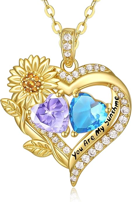 Sunflower Heart Necklace for Women 14K Gold Exquisite Anniversary Birthday Gifts for Wife Mother Her Double Birthstone Pendant jewelry‘You Are My Sunshine’