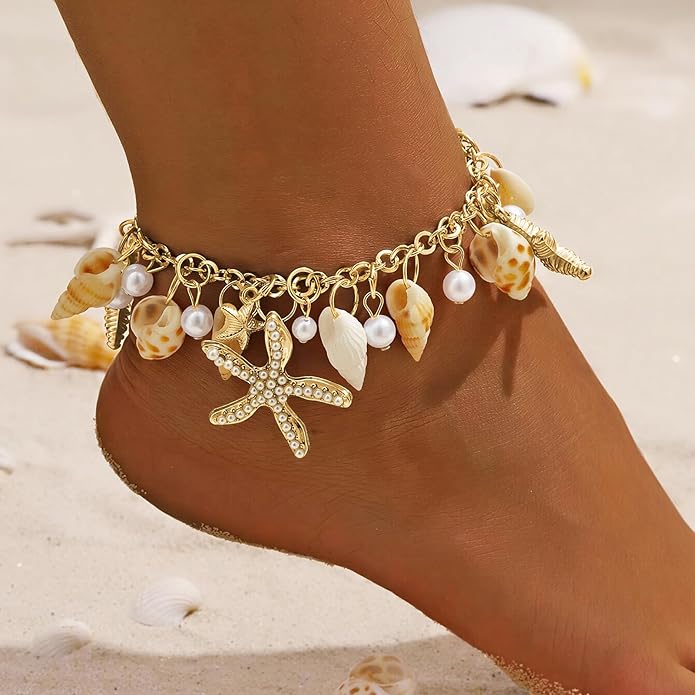 Shell Ankle Bracelet Set for Women, Gold Plated Boho Bead Adjustable Anklet, Hawaiian Beach Seashell Pearl Heart Starfish Conch Foot Jewelry Gifts
