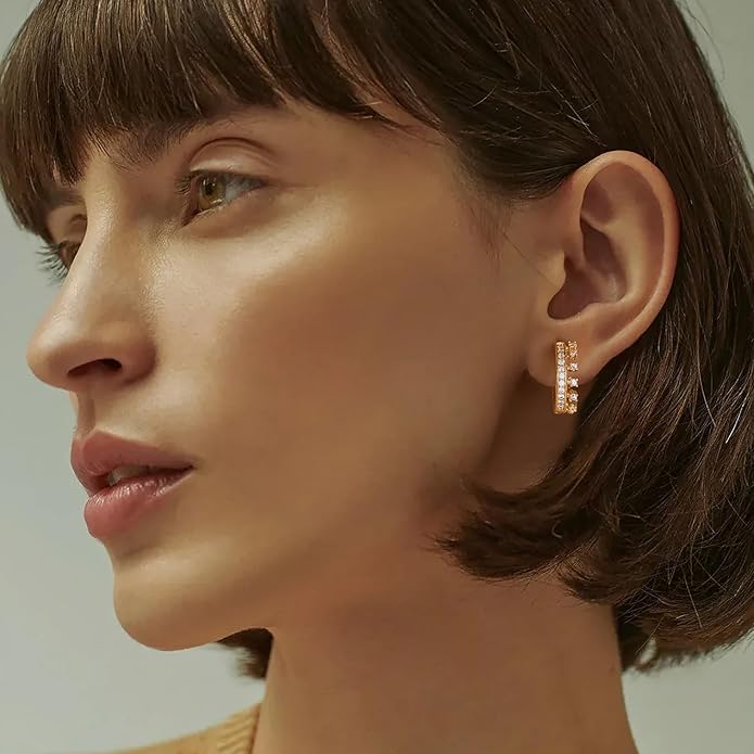 Gold Huggie Hoop Earrings 14K Gold Plated Dainty Chunky Thick Hoop Diamond Cubic Zriconia Inlay Sleeper Tiny Delicate Boho Beach Simple Hypoallergenic Jewelry Gift for Her