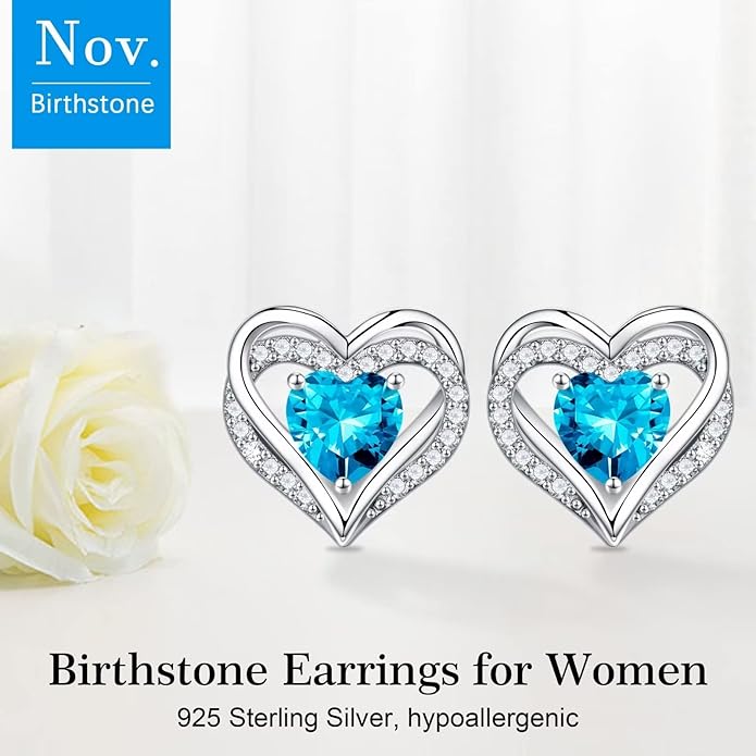 Iefil Birthstone Earrings for Women, 925 Sterling Silver Heart Stud Earrings Birthday Gifts for Women
