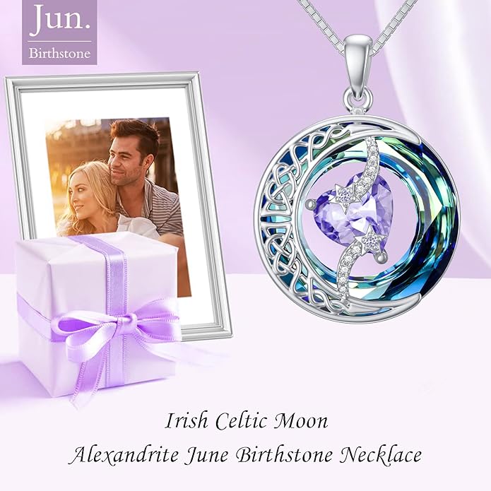 TOUPOP Christmas Gifts Birthstone Necklace 925 Sterling Silver Moon and Star Pendant with Blue Crystal Celtic Moon Jewelry Birthday Gifts for Women Mom Wife Her Daughter