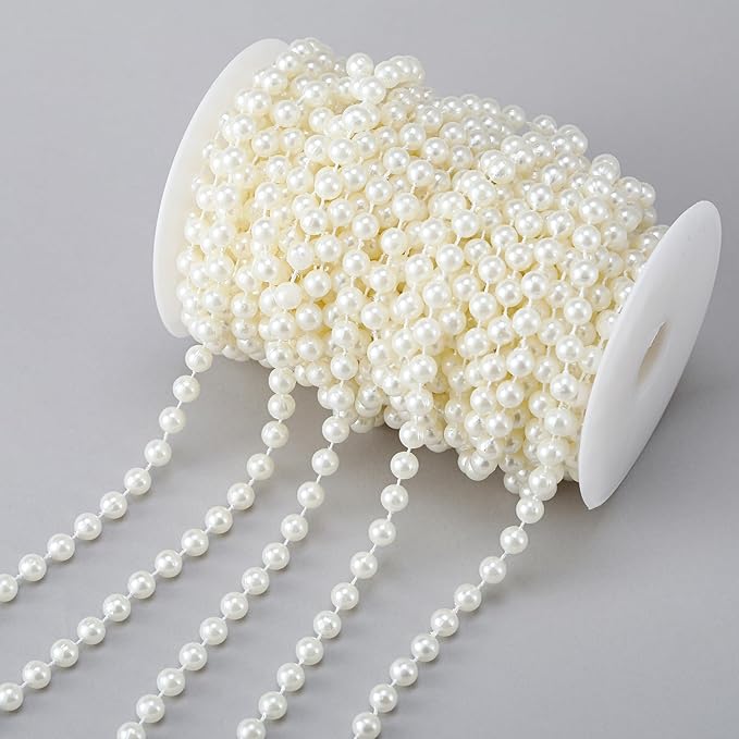 Rytenz Pearls String Bead, Ivory Color Faux Pearl Beads Roll Strand for Wedding Party Christmas Tree and Flowers Decorations Garland DIY Crafts (8mm- 60 Feet)