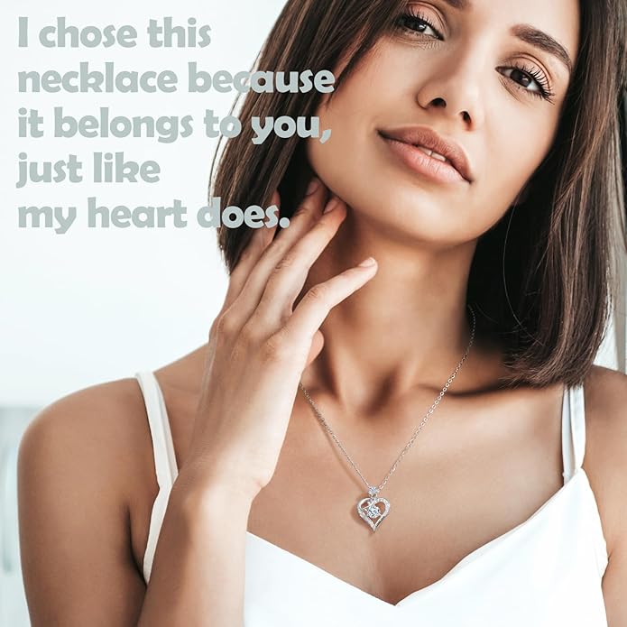 DWWGE Rose Heart Pendant Necklace Gifts for Wife, Engraved 'I love you' Gift for Wife Girlfriend, Anniversary Birthday Eternity Jewelry Present for Women, Moissanite Necklace Gift for Her