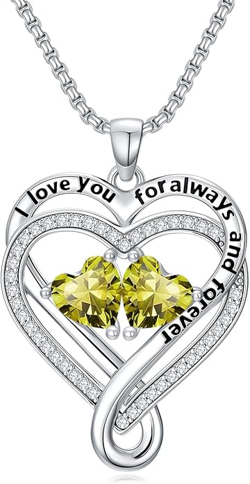 I Love You for Awlays and Forever Double Heart Necklace with Birthstone, 2 Birth Stone Jewelry Anniversary Valentines Mothers Day Christmas Birthday Gifts for Women Her Wife Girlfriend Mom Mother