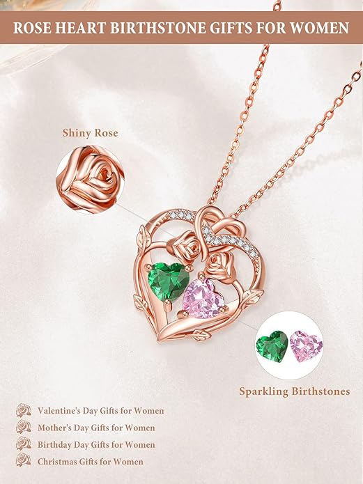 Rose Gold Necklaces for Women Double Birthstone Rose Flower Heart Pendant Necklace Jewelry Anniversary Christmas Valentine's Mother's Day Birthday Gift for Wife Mom Her Girlfriend Sister