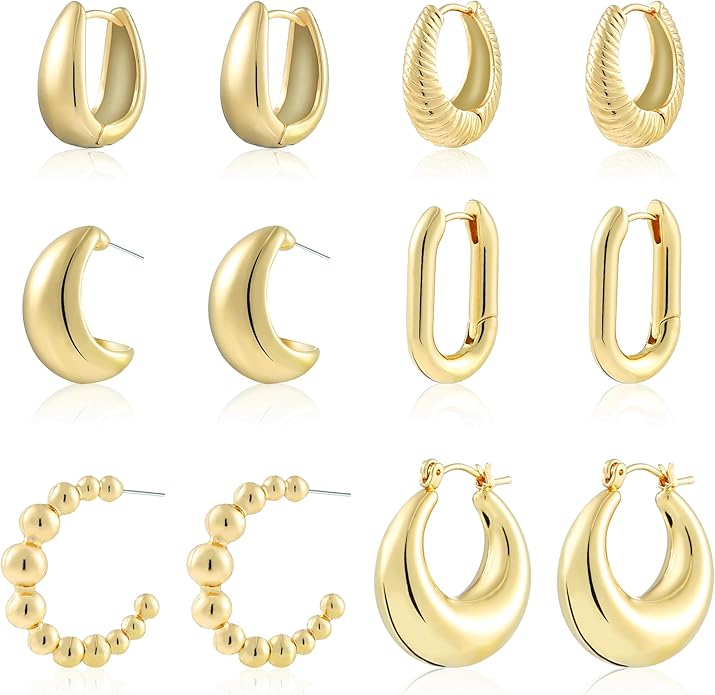 6 Pairs Gold Hoop Earrings for Women, 14K Gold Plated Lightweight Chunky Hoop Earrings Set Hypoallergenic, Thick Open Huggie Hoops Earrings Jewelry for Gifts.