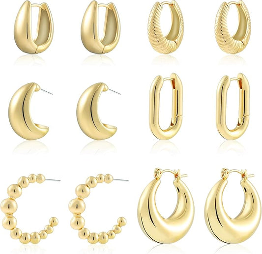 6 Pairs Gold Hoop Earrings for Women, 14K Gold Plated Lightweight Chunky Hoop Earrings Set Hypoallergenic, Thick Open Huggie Hoops Earrings Jewelry for Gifts.
