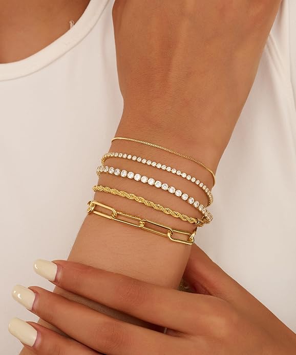 Gold Bracelets for Women 14K Gold Plated Stack Trend Bracelets Charm Paperclip Chain Cuban Link Layered Waterproof Bracelet Dainty Bracelet for Women Jewelry Gifts