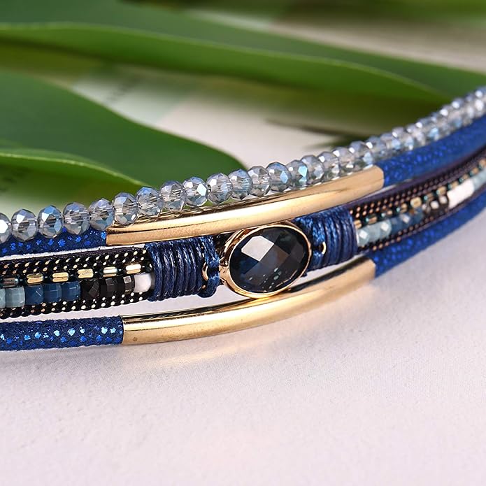 FANCY SHINY Leather Wrap Bracelets Crystal Beads Bracelet Boho Cuff Stone Charm Bracelets with Clasp Costume Jewelry for Women