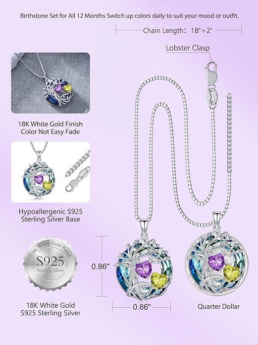 TOUPOP s925 Sterling Silver Family Celtic Tree of Life Pendant Necklaces with 2 Heart Birthstone with Blue Austrian Crystal Jewelry Birthday Anniversary Christmas Gifts for Her Wife Girlfriend Mom (18K Real White Gold Filled)