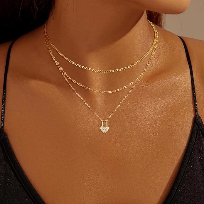 Gold Necklace for Women 14K Gold Plated Layered Necklaces Dainty Pendant Necklace Cute Stack Necklaces Set Fashion Jewelry Gift for Her