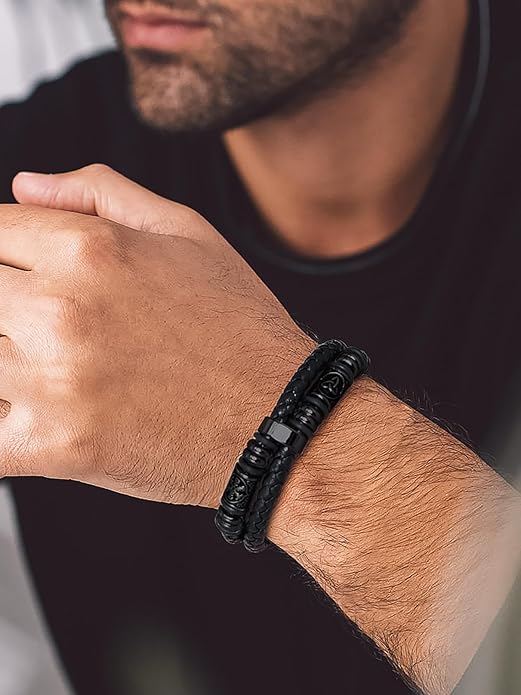 Bandmax Mens Black Double Wax Rope Cuff Bracelets Waterproof Stainless Steel Norse Style Celtic Knot Beads Bracelet Wristband Gift for Men