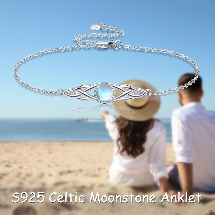 VONALA 925 Sterling Silver Celtic Anklet for Women Irish Moonstone Ankle Bracelet Moonstone Anklet Knot Viking Gemstone Jewelry