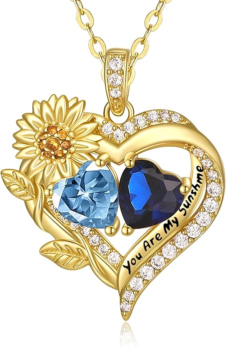 Sunflower Heart Necklace for Women 14K Gold Exquisite Anniversary Birthday Gifts for Wife Mother Her Double Birthstone Pendant jewelry‘You Are My Sunshine’