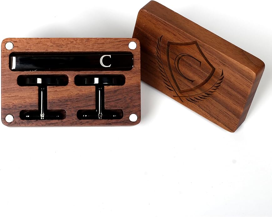 Mens Initial Cufflinks and Tie Clip A-Z Alphabet Letter Black Stainless Cuff Links Tie Bar with Engraved Walnut Wood Box Groom Groomsman Wedding Set