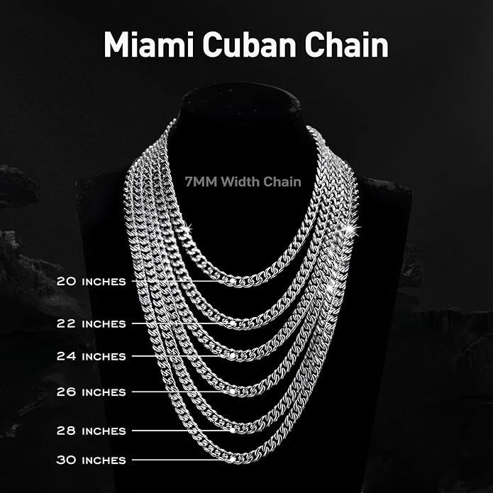 waitrose 7mm Silver Chain for Men Miami Cuban Link Mens Chain,925 Sterling Silver/14K Gold Plated and 316L Stainless Steel Silver/Gold Chains for Men Necklace
