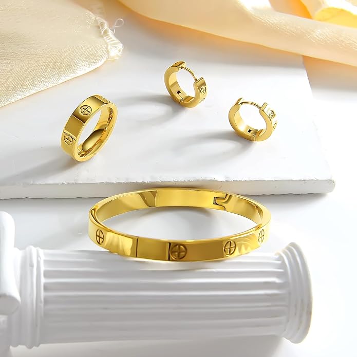 3 Pcs Hoop Earrings Bracelets Ring Sets for Women-18K Gold Plated Love Bracelet Cubic Zirconia Cuff Bangle Hoop Earrings Friendship Love Ring Jewelry Set,Wedding Party Christmas Valentine's Day Birthday Gifts for Her Girlfriend Sister Daughter