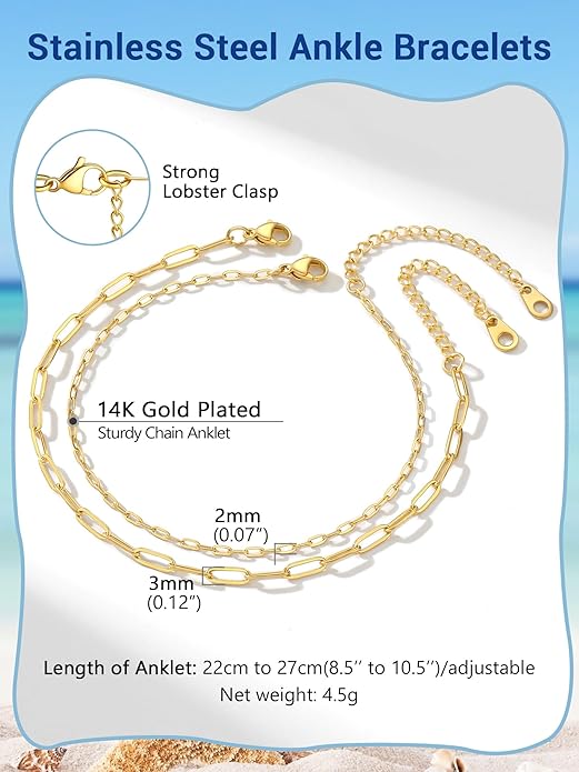 PROSTEEL Stainless Steel Chain Anklets for Women, Silver/Gold Tone, Ankle Bracelets Hypoallergenic, 8-10.5 Inch Adjustable, Come with Box