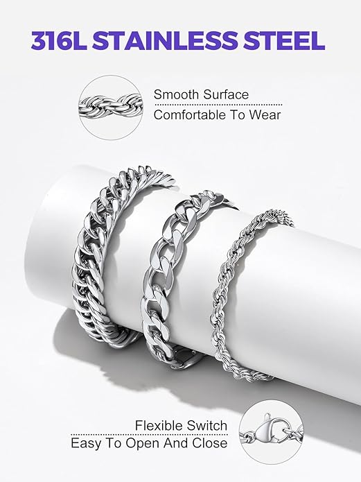 Richsteel 2PCS/3PCS Bracelets Chain for Men Women Stainless Steel Silver/Gold/Black Cuban/Rope Link Chain Bracelets Set, 7.4/8.2/9 Inch Hand Chain Length for Men Women Jewelry
