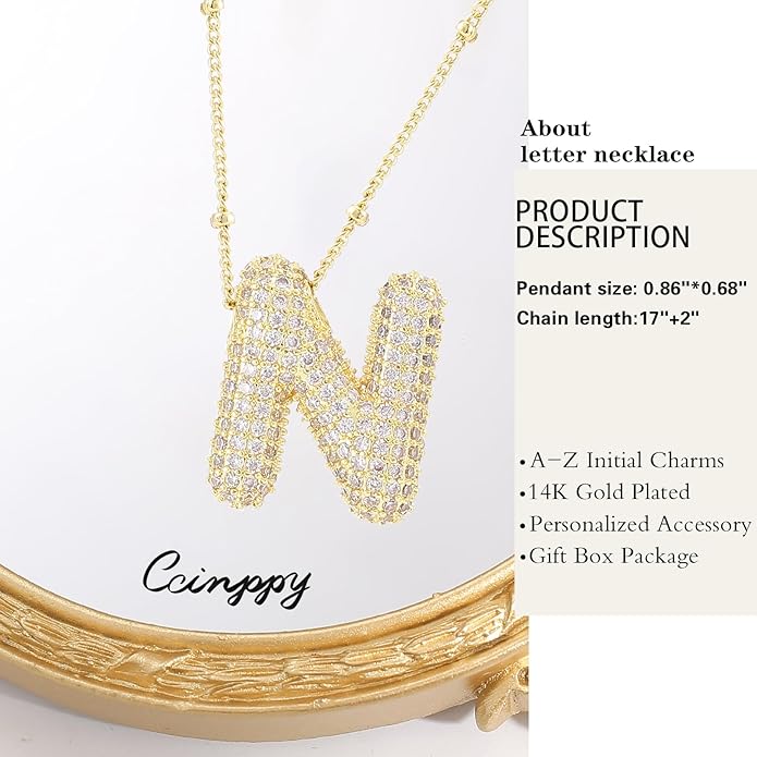 Letter Necklace, 14k Gold Plated Bubble Balloon Dainty Necklace for Women, Chunky Initial Charm Pendant Name Necklace Personalized