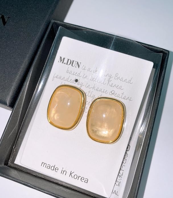 M.DUN- Round Edges Rectangle Shape Studs Earring. Abalone Amber Turquoise Resin Stone Design, 18k Real Gold Plated Bezel, Hypoallergenic Gorgeous Gift for Women