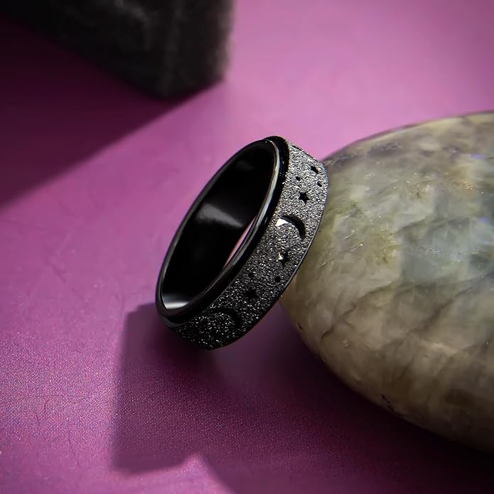 AmorArtSky Anxiety Ring for Women Men, Titanium Stainless Steel Spinner Ring, 5 Colors, 6MM, Size 6-10, 3 Styles Anxiety Ring-Moon Star, Sandblasted Finished, Hollow Outer