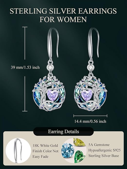 TOUPOP Tree of Life Birthstone Earrings for Women 925 Sterling Silver Family Tree Dangle Earrings Austrian Crystal Jewelry Birthday Christmas Gifts for Her Girlfriend Wife Mom