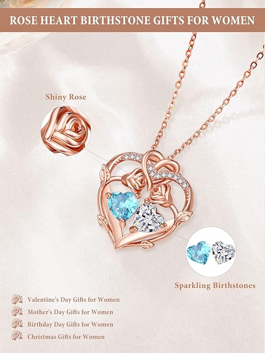 Rose Gold Necklaces for Women Double Birthstone Rose Flower Heart Pendant Necklace Jewelry Anniversary Christmas Valentine's Mother's Day Birthday Gift for Wife Mom Her Girlfriend Sister