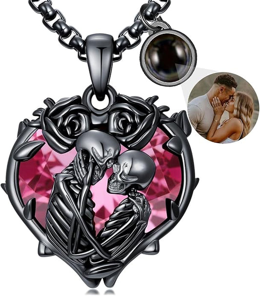 Flpruy 925 Sterling Silver Black Gothic Jewelry Gifts Skeleton Couple Pendant Crystal Birthstone Heart Necklace Punk Romantic Jewelry for Lover Men Women