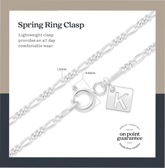 KEZEF Sterling Silver 1.5mm Figaro Chain Necklace for Women - 925 Italian Diamond Cut Chain, Available in Silver, 18K Yellow Gold, Rose Gold, 16-30 Inches