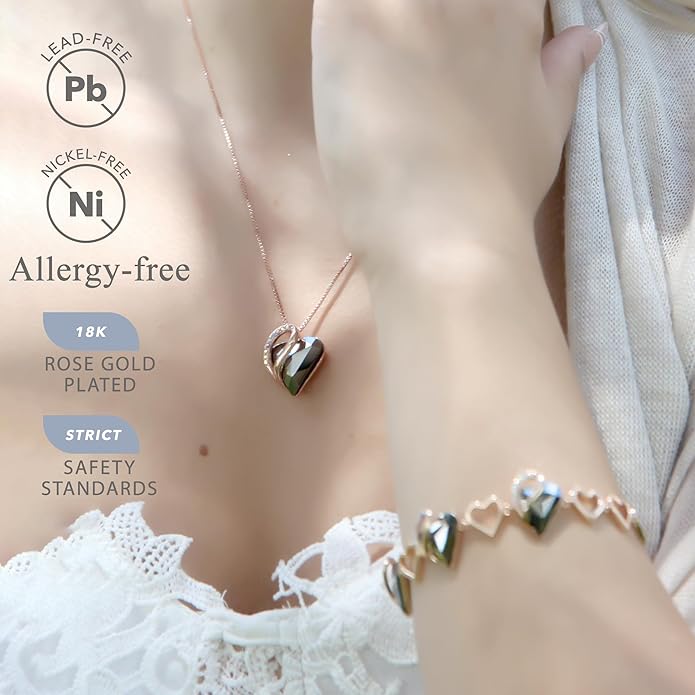 Leafael Rose Gold Plated Necklace for Women: Heart Shaped Birthstone/Healing Crystals Center, Dazzling Cubic Zirconia, Hypoallergenic Chain (18"+2"), Jewelry Gifts for Anniversaries and Birthdays