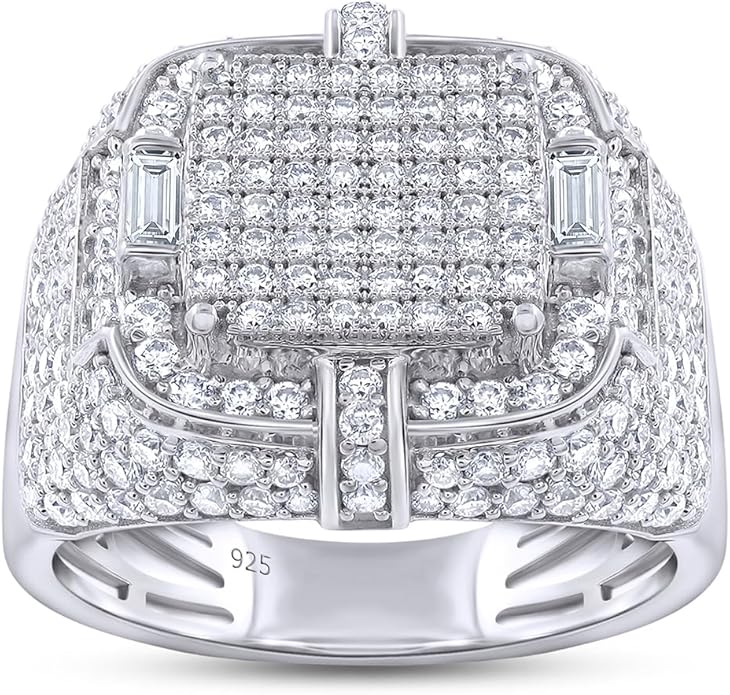 Wedding Anniversary Ring For Men's Baguette & Round Cut Lab Created Moissanite & Lab Grown Diamond Square Frame In 925 Sterling Silver 10K & 14K Solid Gold Jewelry 1.90 Cttw