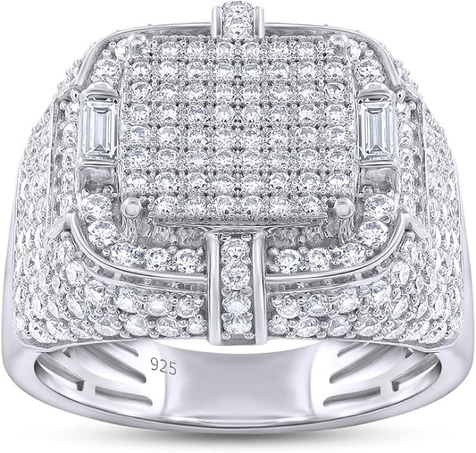 Wedding Anniversary Ring For Men's Baguette & Round Cut Lab Created Moissanite & Lab Grown Diamond Square Frame In 925 Sterling Silver 10K & 14K Solid Gold Jewelry 1.90 Cttw