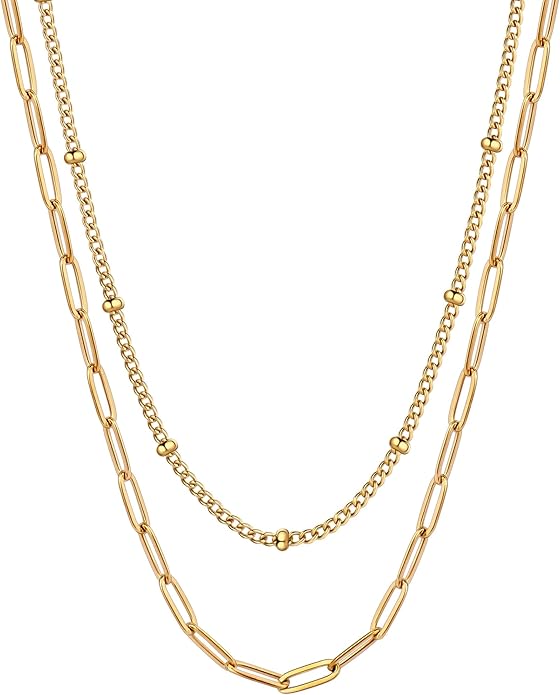 AILPIWE Layered Gold Necklaces for Women, 18K Gold Plated Dainty Paperclip Box Cuban Satellite Chain Necklace Set, Simple Gold Necklace Stack for Women