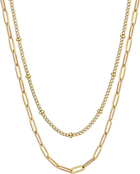AILPIWE Layered Gold Necklaces for Women, 18K Gold Plated Dainty Paperclip Box Cuban Satellite Chain Necklace Set, Simple Gold Necklace Stack for Women