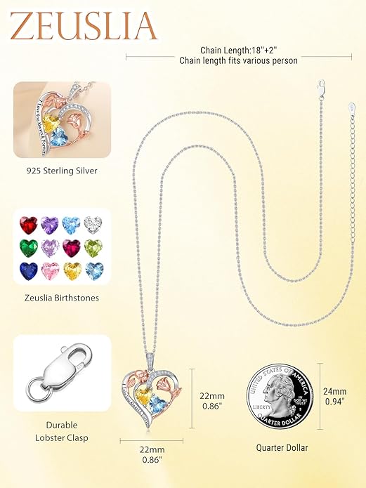 Zeuslia Double Birthstone Necklace Gifts for Wife - 925 Sterling Silver Sunflower/Rose/Crown Cross/Compass/Heart Pendant I Love You Necklace, Anniversary Birthday Gifts for Wife Girlfriend Mom Her
