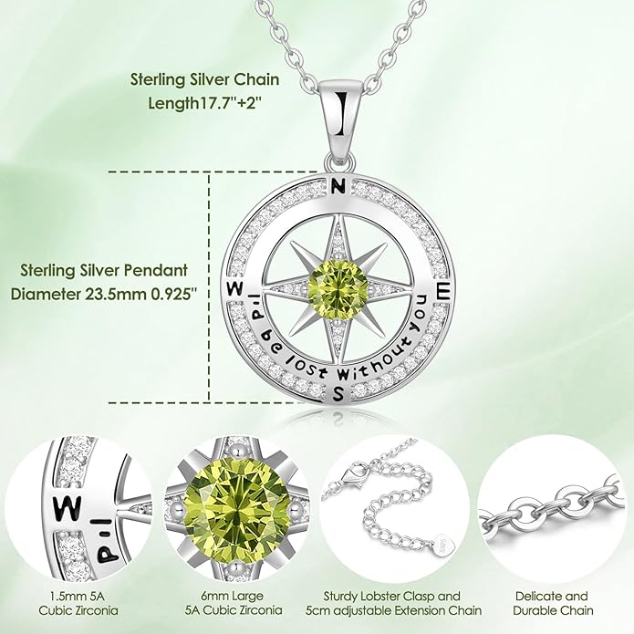 Zifeel Compass Necklace Gifts for Women wife - S925 Sterling Silver Birthstone Necklaces for Women - Anniversary Birthday Gifts for Her Wife Girlfriend - Valentines Mom Mothers Day Christmas Gifts Jewelry for Women