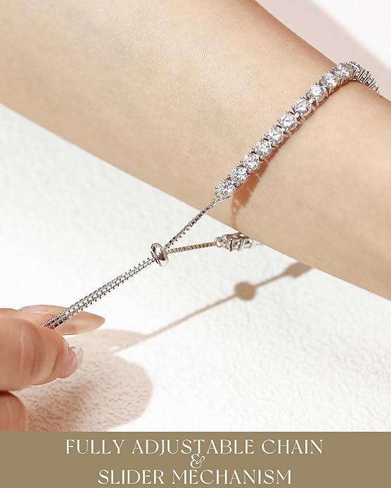 FANCIME Moissanite Tennis Bracelet 1.2ct-12ct Lab Created Moissanite Diamond Bracelets,925 Sterling Silver Adjustable Bolo Tennis Bracelets, 2/3/4/5mm D Color VVS1 Round Cut Moissanite Bracelet for Women