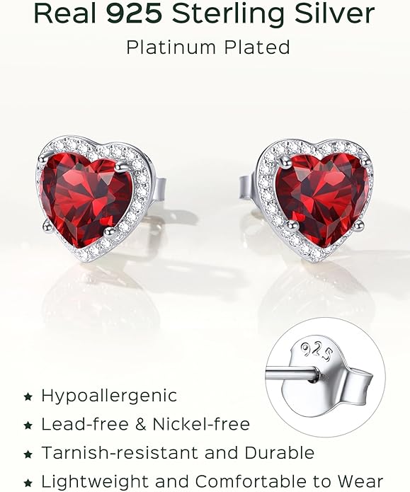 ChicSilver 925 Sterling Silver Birthstone Earrings for Women, 8MM/2 Carat Heart & Round Cubic Zirconia Stud Earrings, Hypoallergenic Jewelry, Ideal Birthday or Christmas Gifts