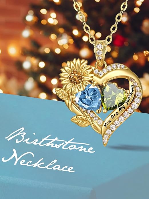 Sunflower Heart Necklace for Women 14K Gold Exquisite Anniversary Birthday Gifts for Wife Mother Her Double Birthstone Pendant jewelry‘You Are My Sunshine’